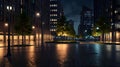 Modern city square illuminated by street lights during twilight