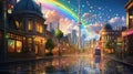 A modern city street with buildings illuminated in green, and floating golden coins leading towards a neon rainbow. St