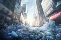 Modern city street engulfed in plastic waste, dystopian perspective of an unsustainable future. Generative AI illustration Royalty Free Stock Photo