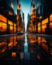 Modern city street with specular tiles on the ground and glassy windows of buildings. Empty urban space with yellow light on Royalty Free Stock Photo