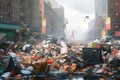 Modern city street swamped with trash, an over-exaggerated illustration of a potential environmental dystopia. Generative AI