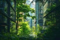 Modern city with sustainable glass building green trees reducing heat and carbon. Concept Urban Development, Sustainable