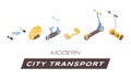 Modern city transport vector banner template. Contemporary urban travel means illustrations set isolated on white