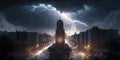 Modern city under big storm with lightning and dark clouds. Royalty Free Stock Photo