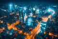 Modern city with wireless network connection concept, nighttime panorama with visualization of connections Royalty Free Stock Photo