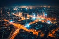 Modern city with wireless network connection concept, nighttime panorama with visualization of connections Royalty Free Stock Photo