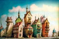 Modern cityscape, cute cartoon city houses, town stree scenery