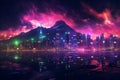 Modern cityscape, Dark Panorama of Modern City with Tall Skyscrapers with Neon Colors