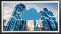 modern cityscape featuring skyscrapers with cloud interface overlay, symbolizing digital transformation and abstract data flows. Royalty Free Stock Photo
