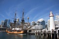 Cityscape with historic ship and lighthouse with blue sky in Sydney Royalty Free Stock Photo