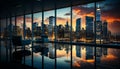Modern cityscape reflects in the illuminated skyscraper windows generated by AI