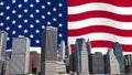 Modern cityscape skyline of new york city with waving american flag in background