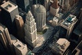 modern cityscape, with towering skyscrapers and bustling streets, viewed from above