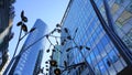 Modern cityscape view. Glass hi tech skyscrape buildings close up.