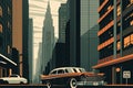modern cityscape with vintage car parked on the street, surrounded by skyscrapers