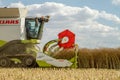 Modern claas combine harvester header cutting crops