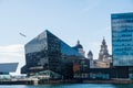 Modern and classic architecture at the Liverpool Docks, Port of Liverpool, as a seagull flies by