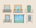 Modern and classic balconies with doors and windows set. Architectural house facade exterior vector illustration Royalty Free Stock Photo