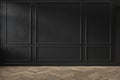 Modern classic black color empty interior with wall panels, mouldings and wooden floor.