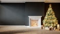 Modern classic black empty interior with fireplace, christmas tree and gifts.