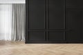 Modern classic black interior blank wall with moldings, curtains, hiden door and wood floor. Royalty Free Stock Photo