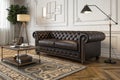 Modern classic black interior with brown leather sofa Royalty Free Stock Photo