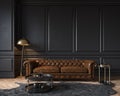 Modern classic black interior with capitone brown leather chester sofa, floor lamp, Royalty Free Stock Photo