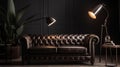 Modern classic black interior with capitone brown leather chester sofa, floor lamp. Generative Ai Royalty Free Stock Photo