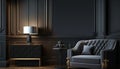 Modern classic black interior with capitone brown leather chester sofa Royalty Free Stock Photo