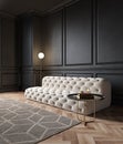 Modern classic black interior with capitone chester sofa, floor lamp, coffee table, mouldings.