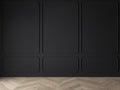 Modern classic black matte, baroque, blank wall, molding, empty interior with wall panels and wooden floor.