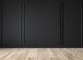 Modern classic black matte blank wall, molding, empty interior with wall panels and wooden floor.