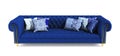 Modern classic blue fabric sofa with pillows in different ornament pattern on isolated white background. Stylish sofa with