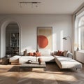 Modern classic bright living room interior. Hardwood floor, abstract painting on the wall, beige corner sofa with