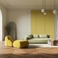Modern classic bright living room interior. Hardwood floor, white wall with olive panel, light green sofa, ottomans