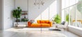 Modern classic bright living room interior. Hardwood floor, white walls, orange sofa, rug on the floor, indoor plants
