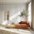 Modern classic bright living room interior. Hardwood floor, white walls, terracotta sofa, indoor tree, large windows.