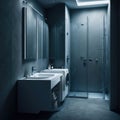 Modern Classic Clean Interior Bathroom Cold Colors And Lights, Ceramic Sink, Toilette, Big Mirror generative Ai
