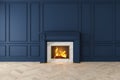 Modern classic dark blue interior with fireplace, wall panels, wooden floor.