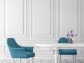 Modern classic dining room 3d render,furnished with white table and blue chair.