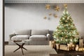 Modern classic gray interior with fireplace, christmas tree, gifts and sofa. Royalty Free Stock Photo