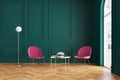 Modern classic green interior with armchairs, coffee table and floor lamp.