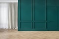 Modern classic green interior blank wall with moldings, curtains, hiden door and wood floor.