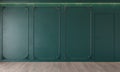 Modern classic green interior with stucco, door, wooden floor, ceiling backlit, molding. Empty room, blank wall. Royalty Free Stock Photo