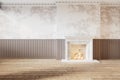 Modern classic interior with fireplace, wall panels, stucco and candles. 3d render illustration mock up. Royalty Free Stock Photo