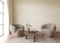 Modern classic light beige interior with furniture. Scandinavian boho style. Royalty Free Stock Photo