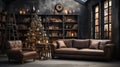 Modern classic living area interior in luxury apartment with Christmas decor. Leather sofa and armchair, coffee table Royalty Free Stock Photo