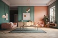 Modern classic living room with comfortable sofa and coffee table. pastel green and pink walls, large windows, paintings Royalty Free Stock Photo