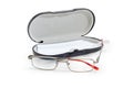 Modern classic men`s eyeglasses against of spectacle-case