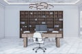 Modern classic office interior with wooden furniture and marble walls, daylight. New York style apartment.